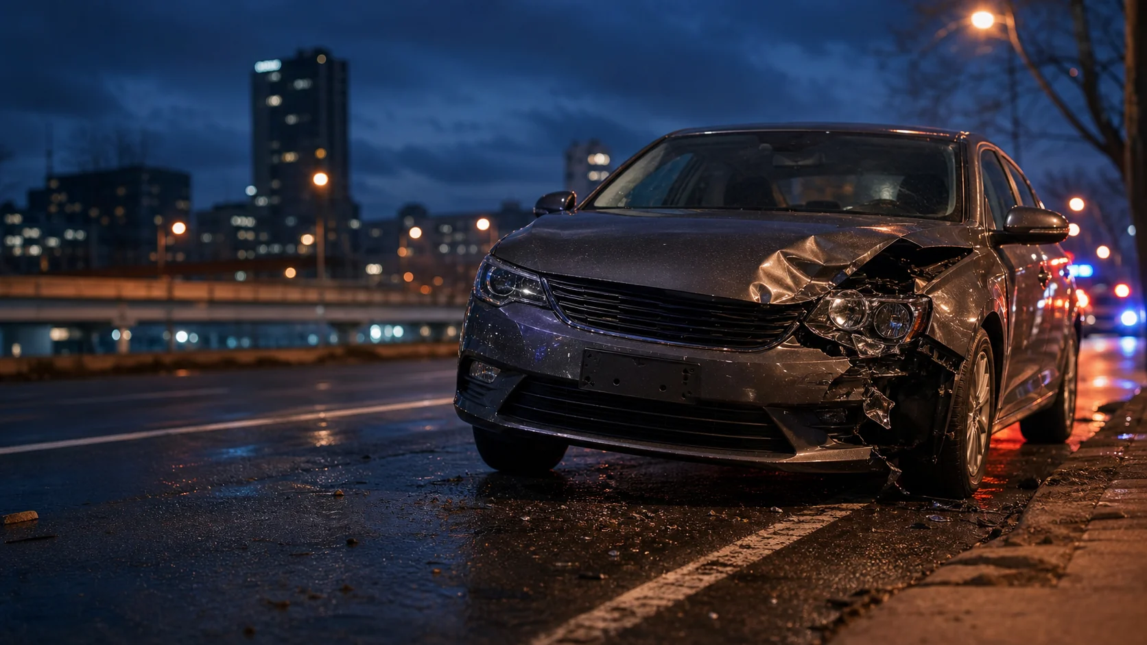 Vehicle with front-end damage after a collision on a city road