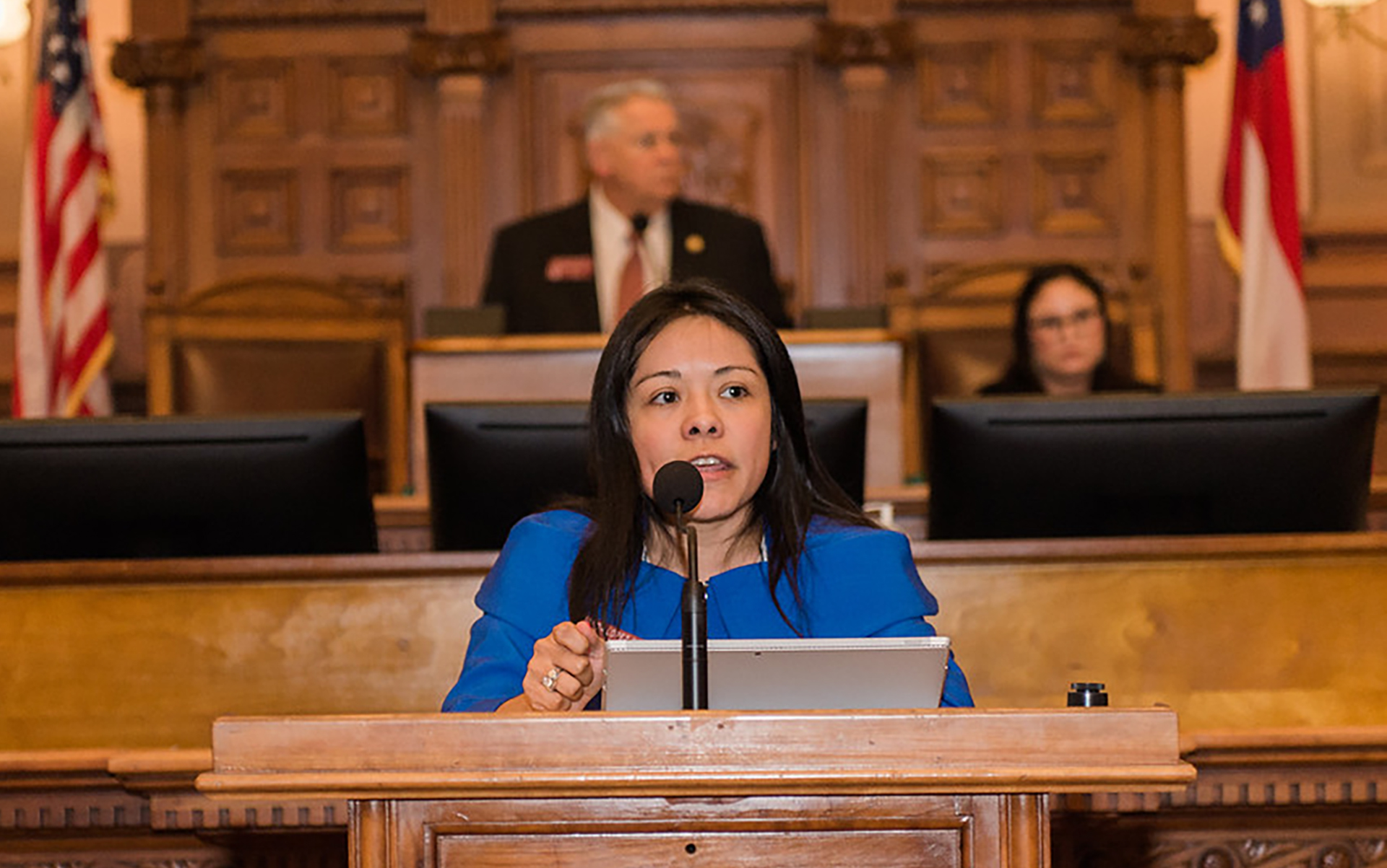 Brenda López Romero speaking during her public service in Georgia